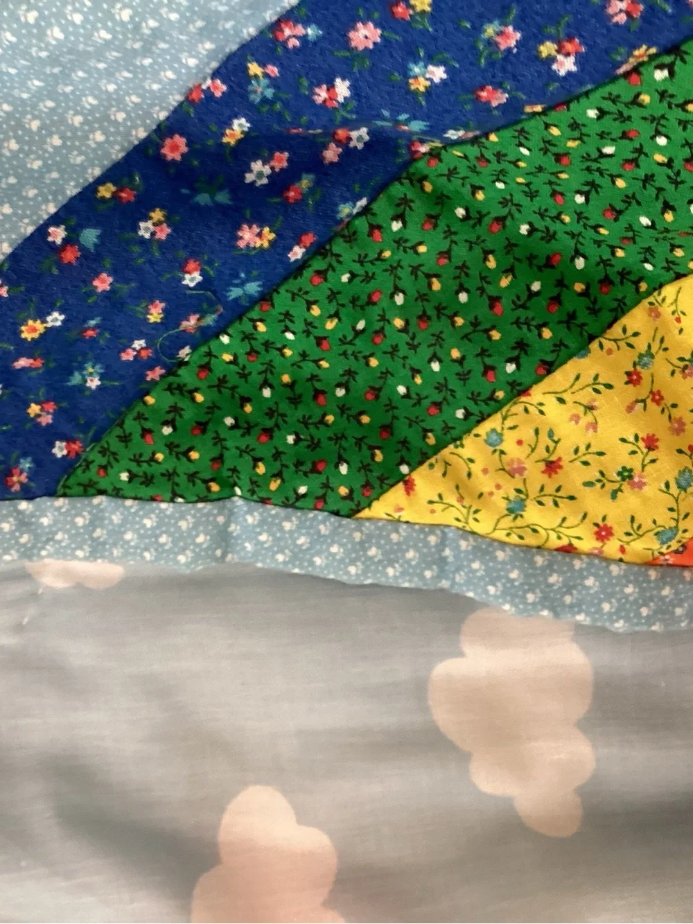Handmade Rainbow Stripe Patchwork Quilt Light Blue Cloud Background Cottegecore